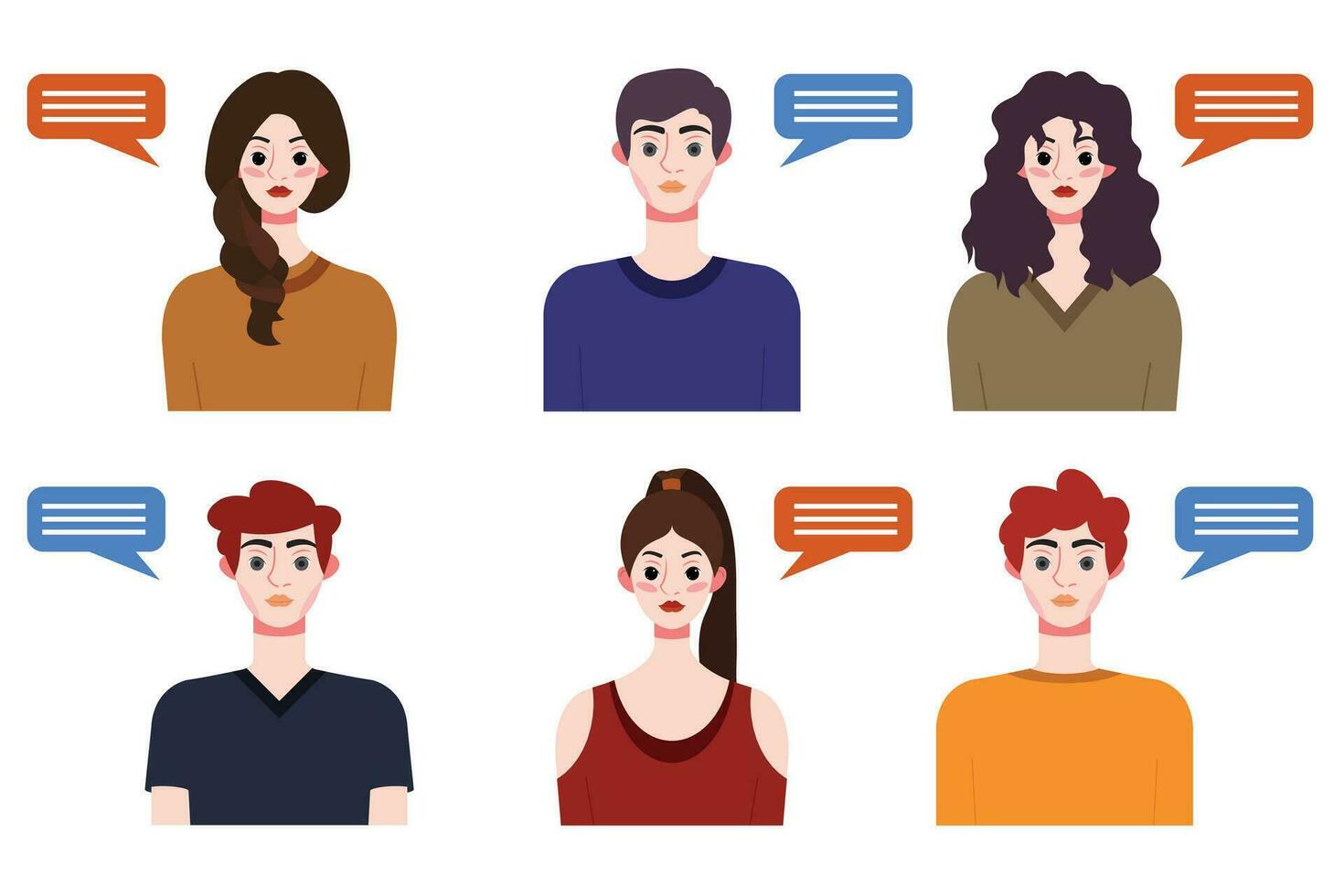 Set of young people avatars with speech bubbles. Vector illustration.