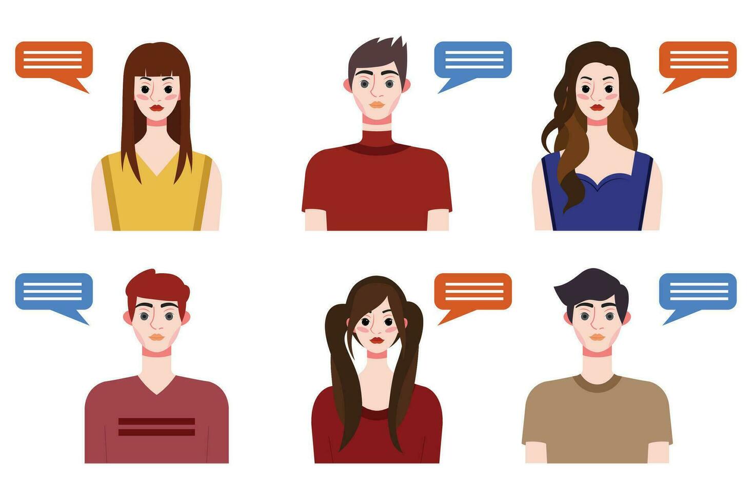 Set of young people avatars with speech bubbles. Vector illustration.