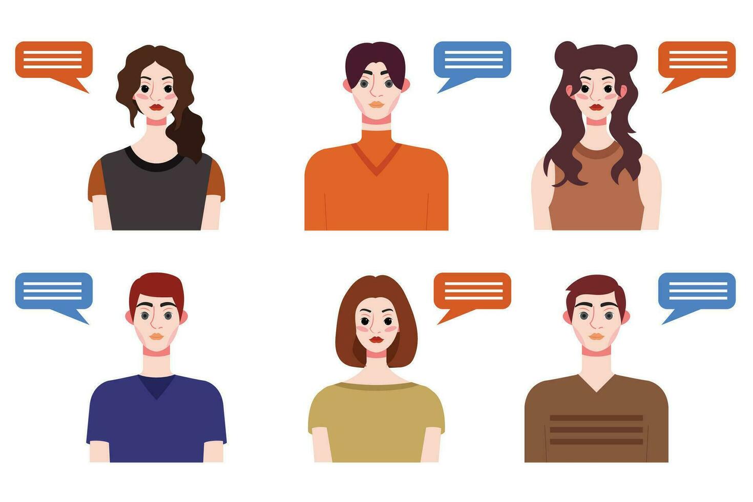 Set of young people avatars with speech bubbles. Vector illustration.