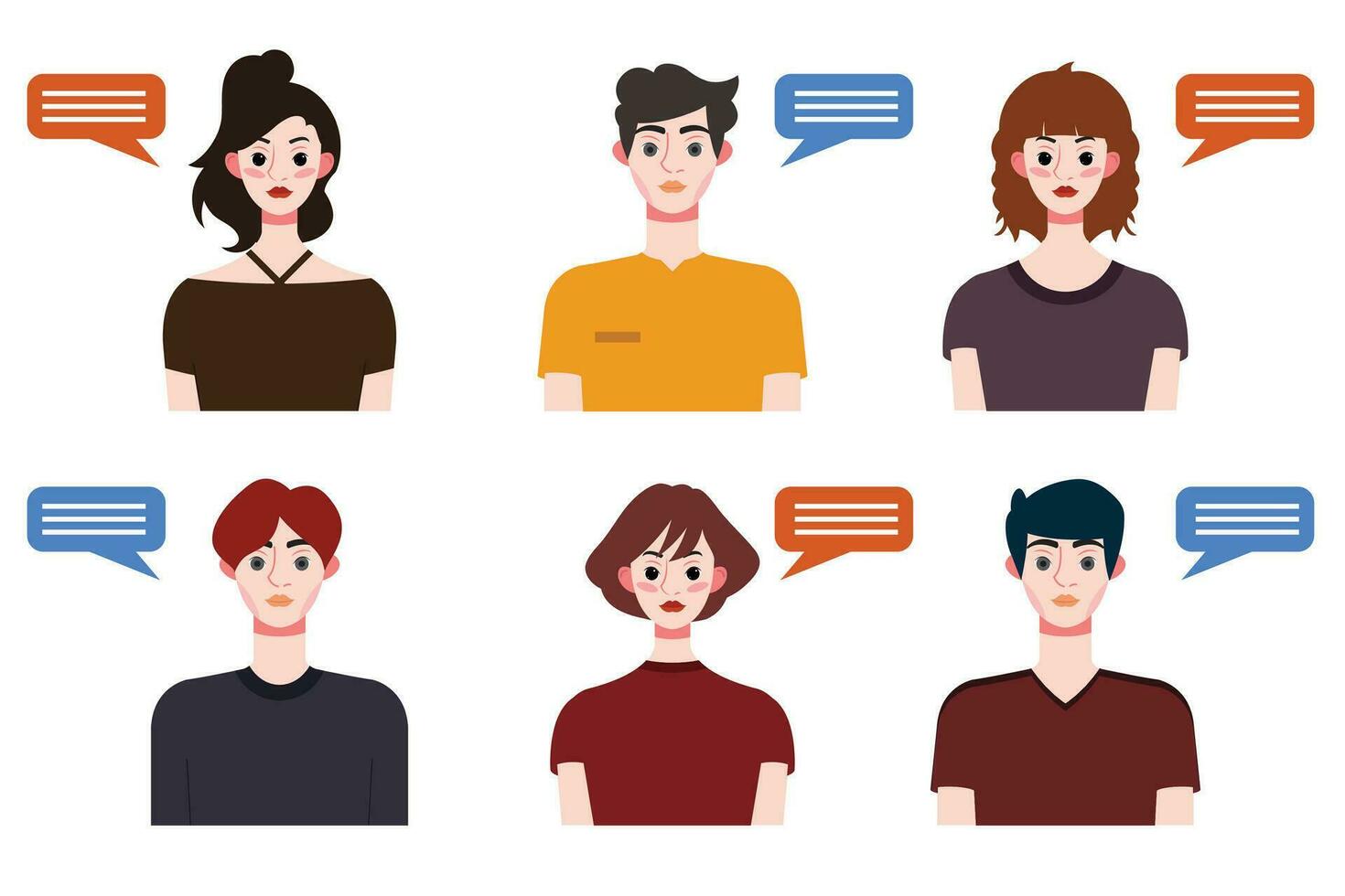 Set of young people avatars with speech bubbles. Vector illustration.