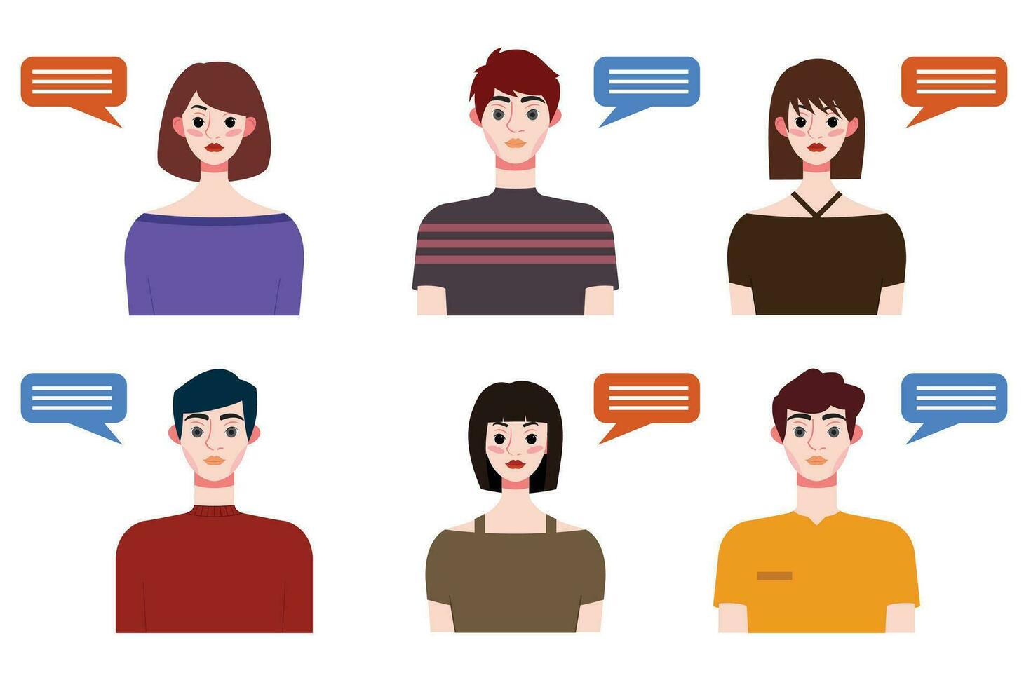 Set of young people avatars with speech bubbles. Vector illustration.