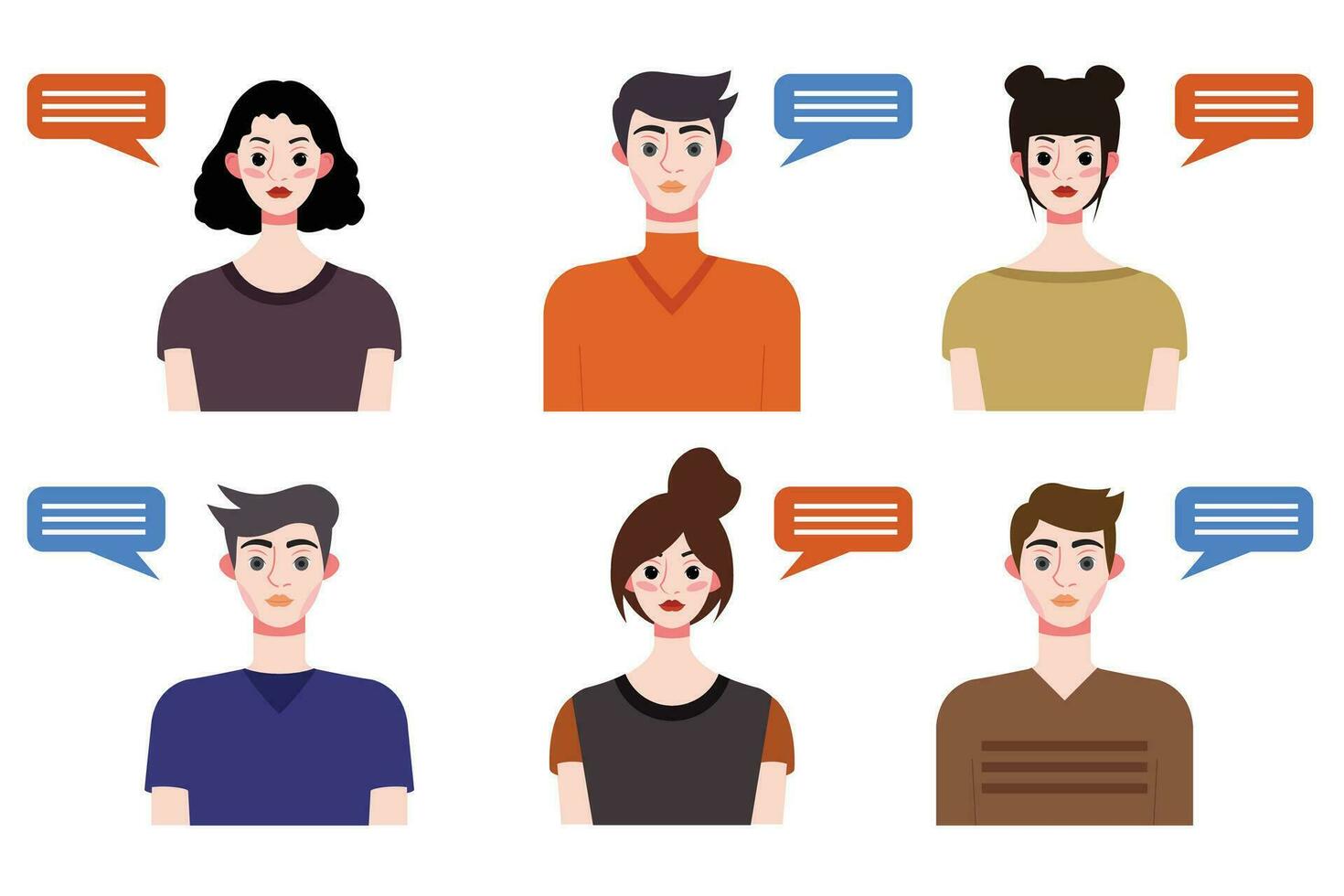 Set of young people avatars with speech bubbles. Vector illustration.