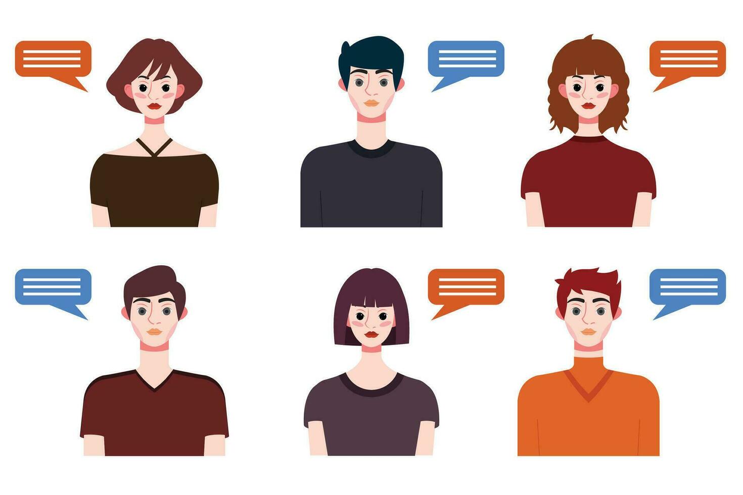 Set of young people avatars with speech bubbles. Vector illustration.