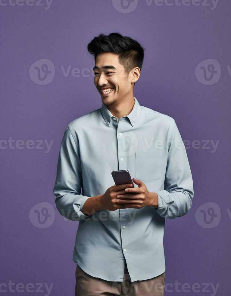 AI generated smiling asian man holding smartphone isolated on violet background photo