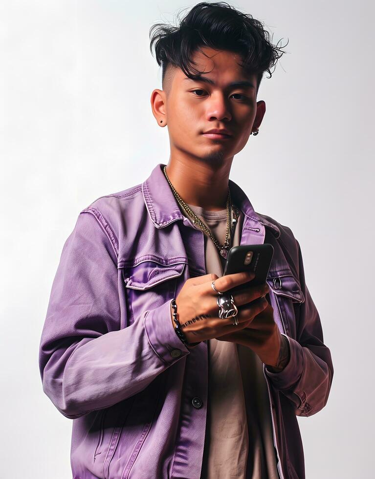 AI generated Young handsome asian man using mobile smart phone on white background photo