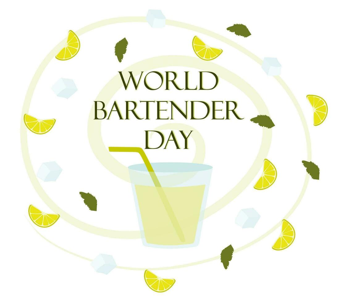 International Bartenders Day banner with Glass and cocktail ingredients. 6 February. Vector Flat Template for Banner, card, poster. Illustration with Spritz cocktail with lime slice and ice cubes.