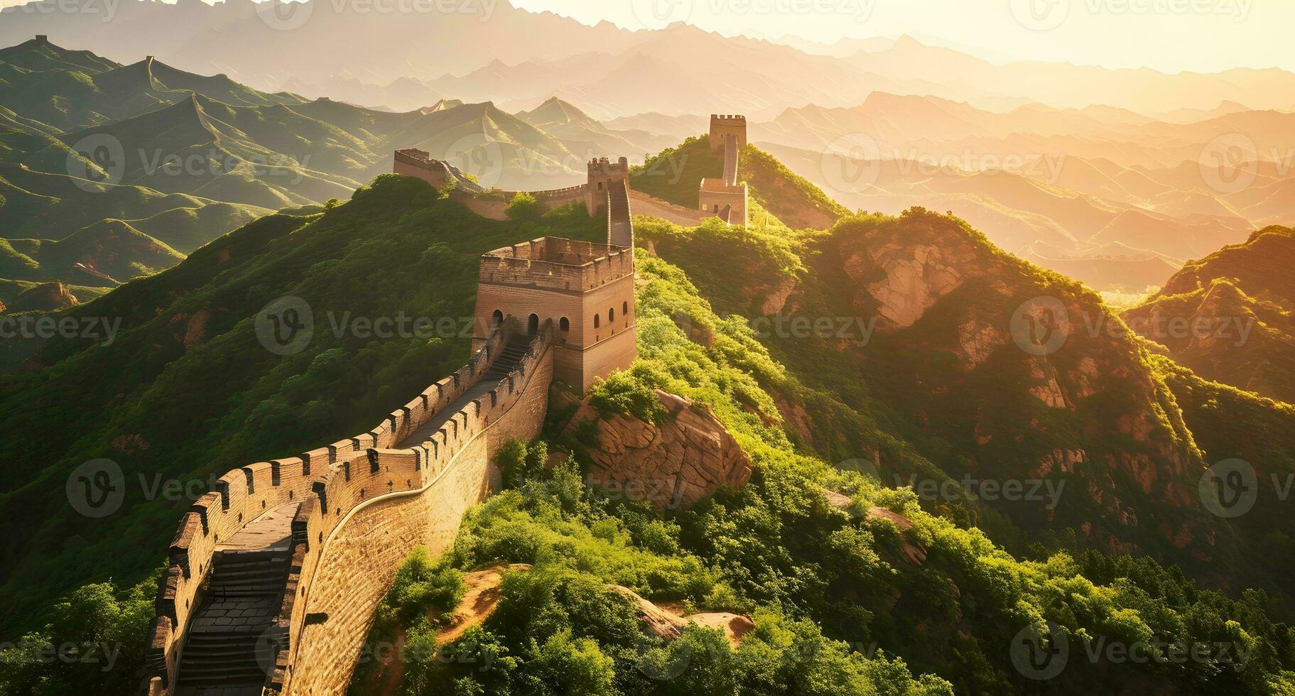 ai generado majestuoso genial pared de China en el mañana, puesta de sol foto