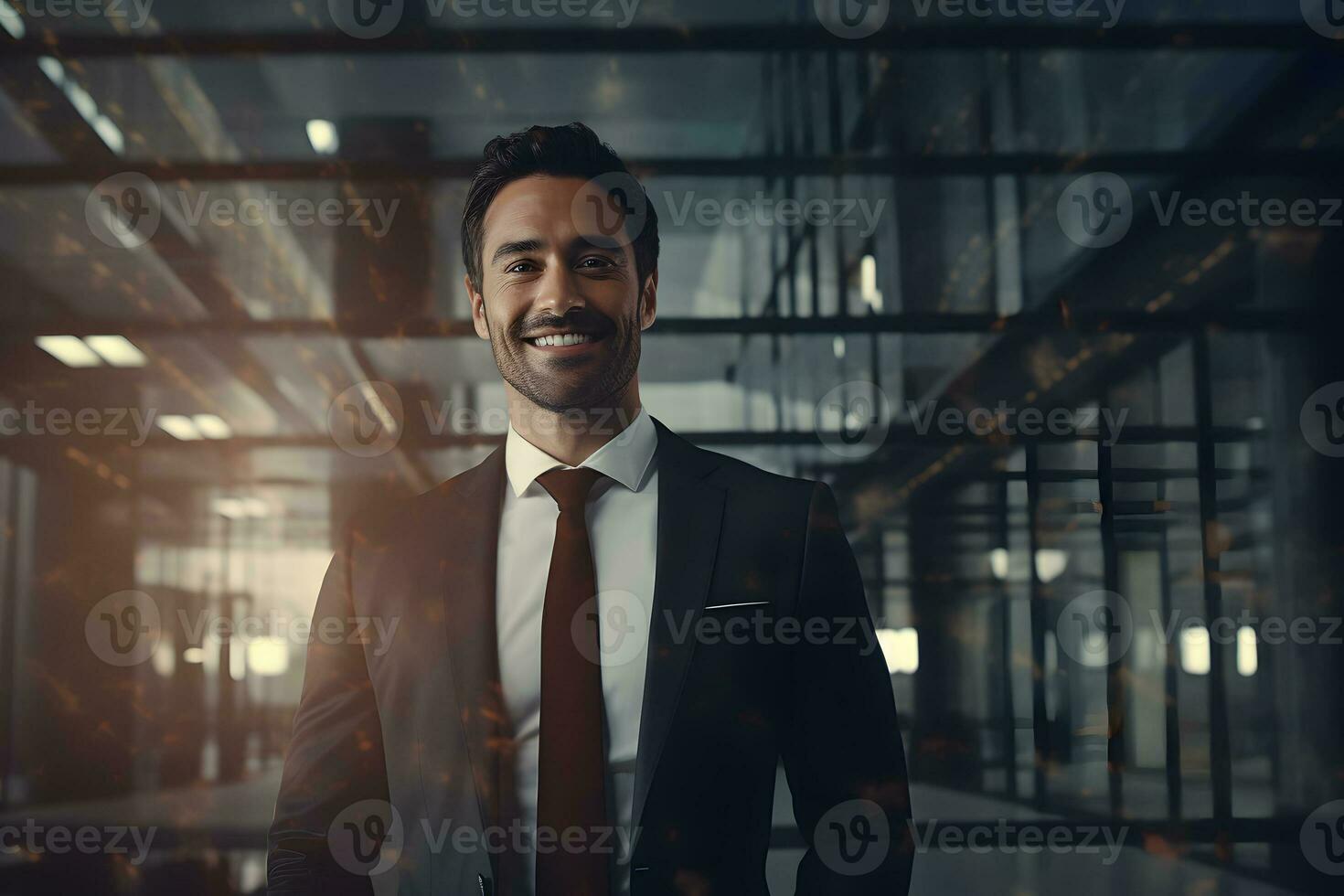 AI generated Portrait of handsome businessman in office. He is looking at camera and smiling photo