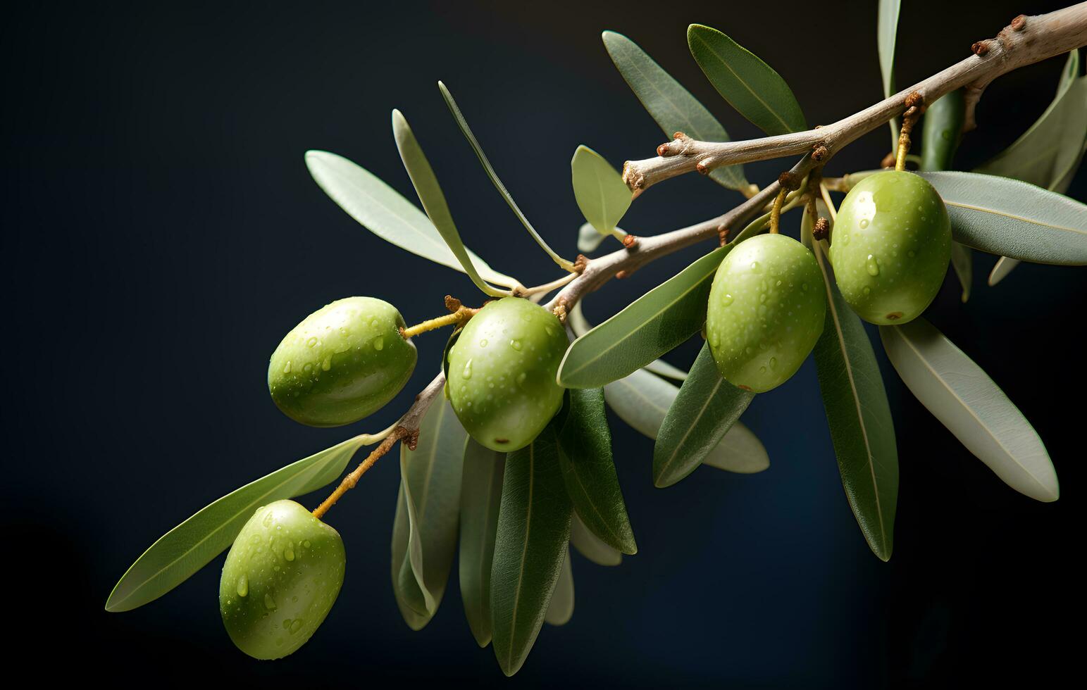 AI generated Olive branch with green olives on a dark background closeup photo