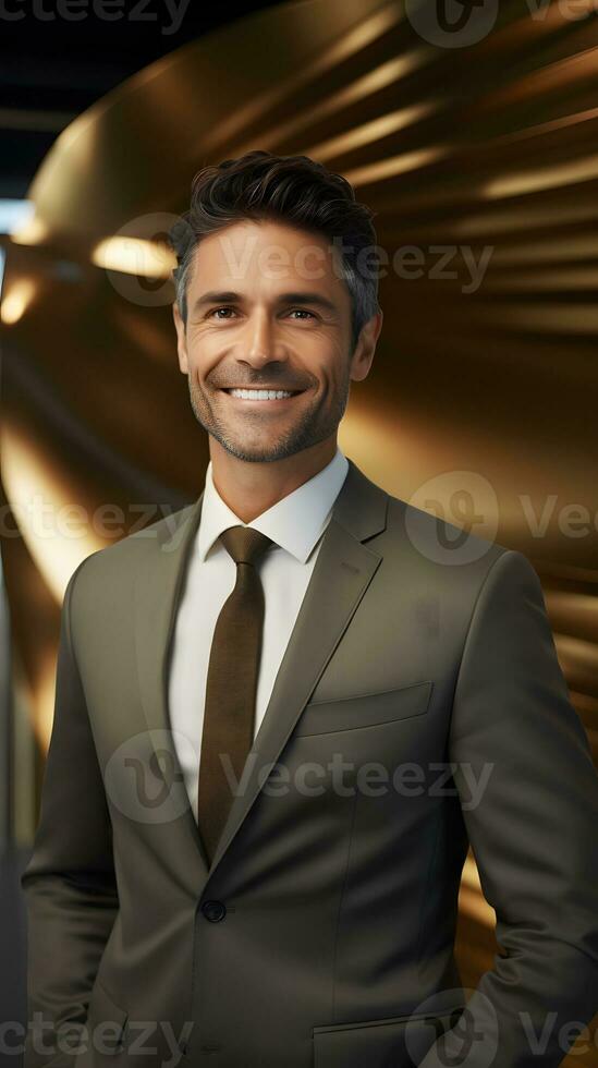 AI generated Young man in suit looking at camera and smiling while standing against golden background photo