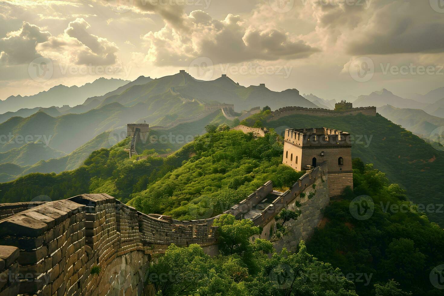 AI generated Majestic Great Wall of China at sunset photo