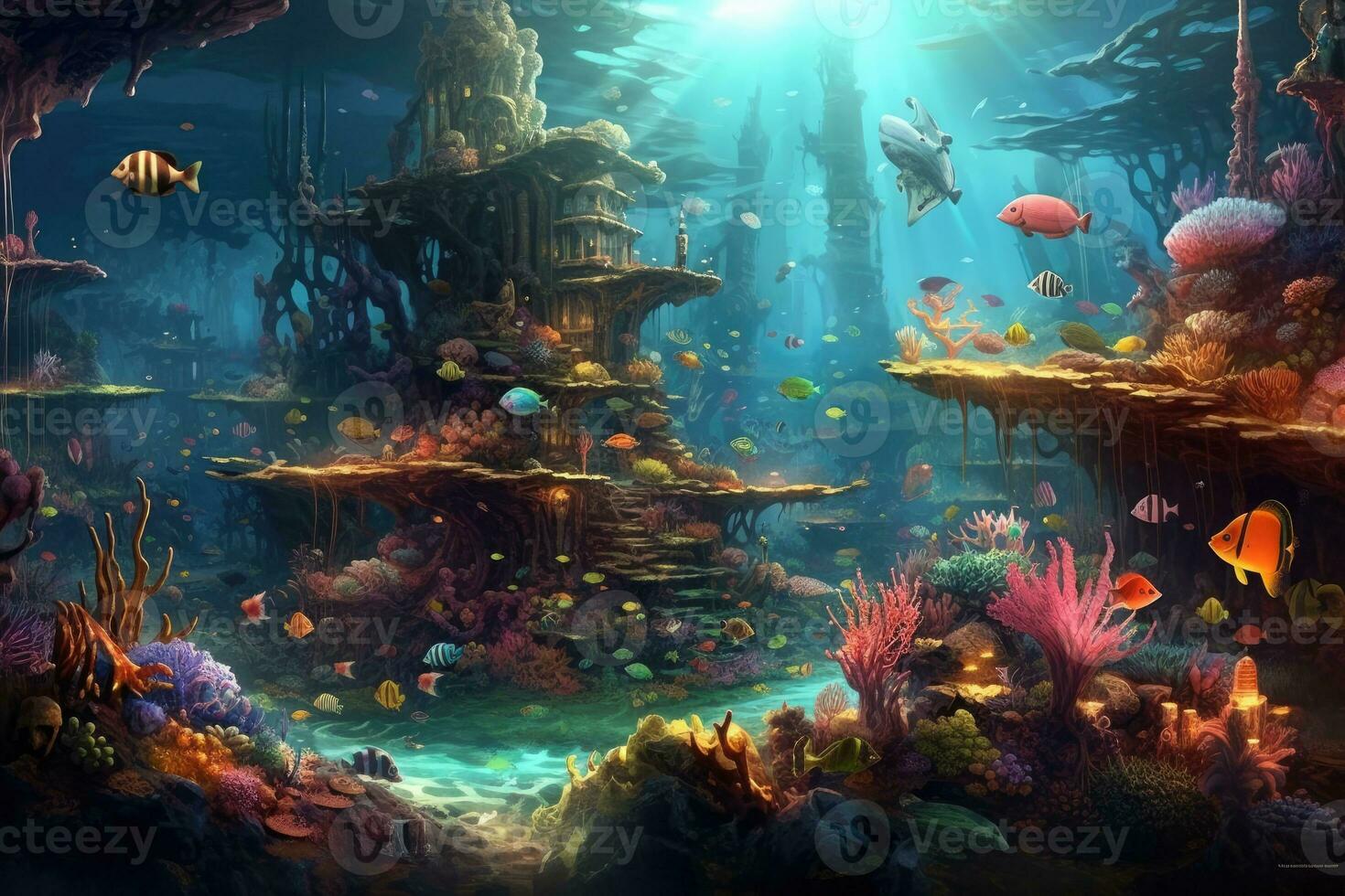 AI Generated Tropical sea underwater fishes on coral reef. Aquarium oceanarium wildlife colorful marine panorama landscape nature snorkel diving. AI Generative. photo