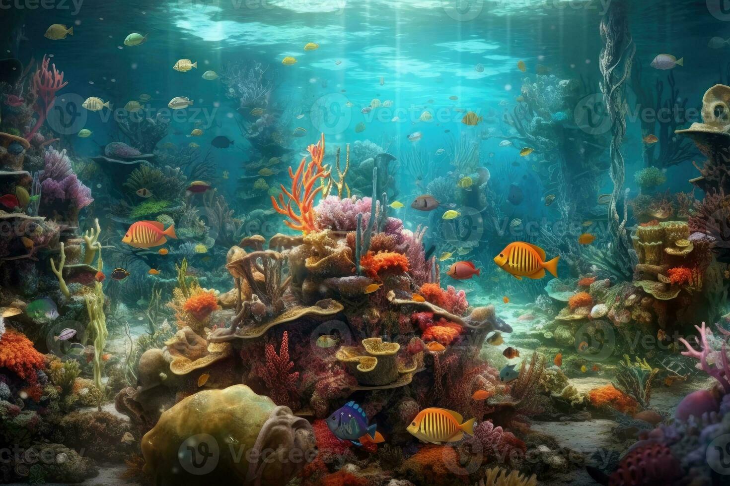 AI Generated Tropical sea underwater fishes on coral reef. Aquarium oceanarium wildlife colorful marine panorama landscape nature snorkel diving. AI Generative. photo