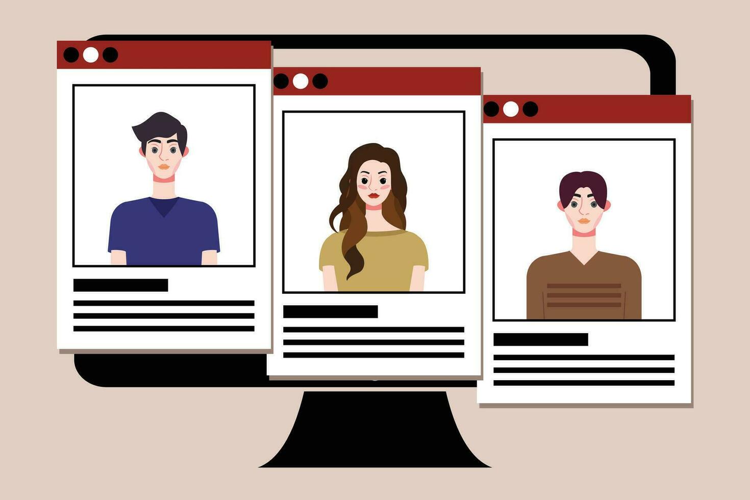 Group of young people on computer screen. Vector illustration in flat style.