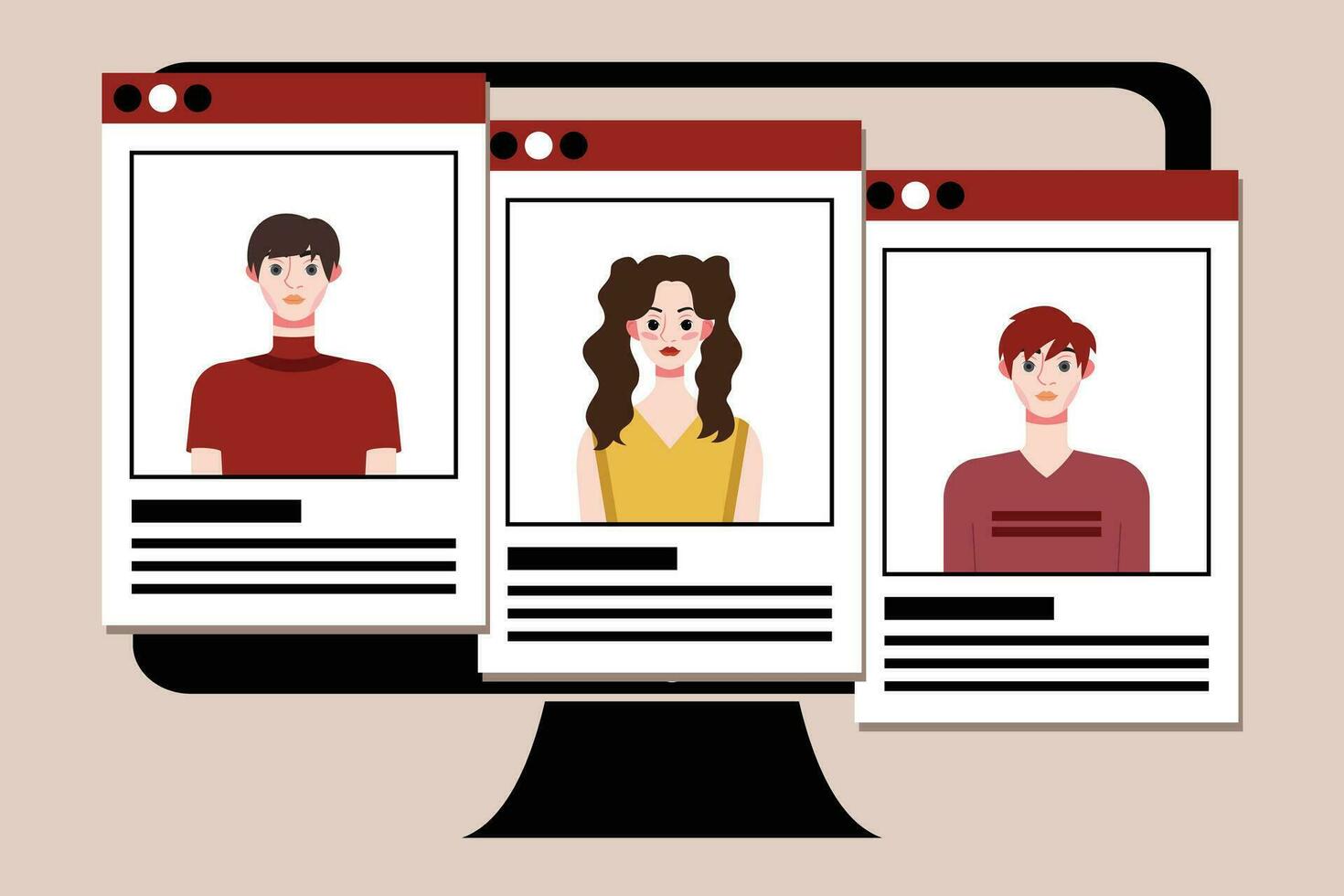 Group of young people on computer screen. Vector illustration in flat style.