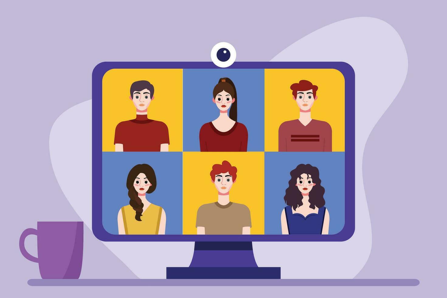 Video conference concept. People avatars on computer screen. Vector illustration