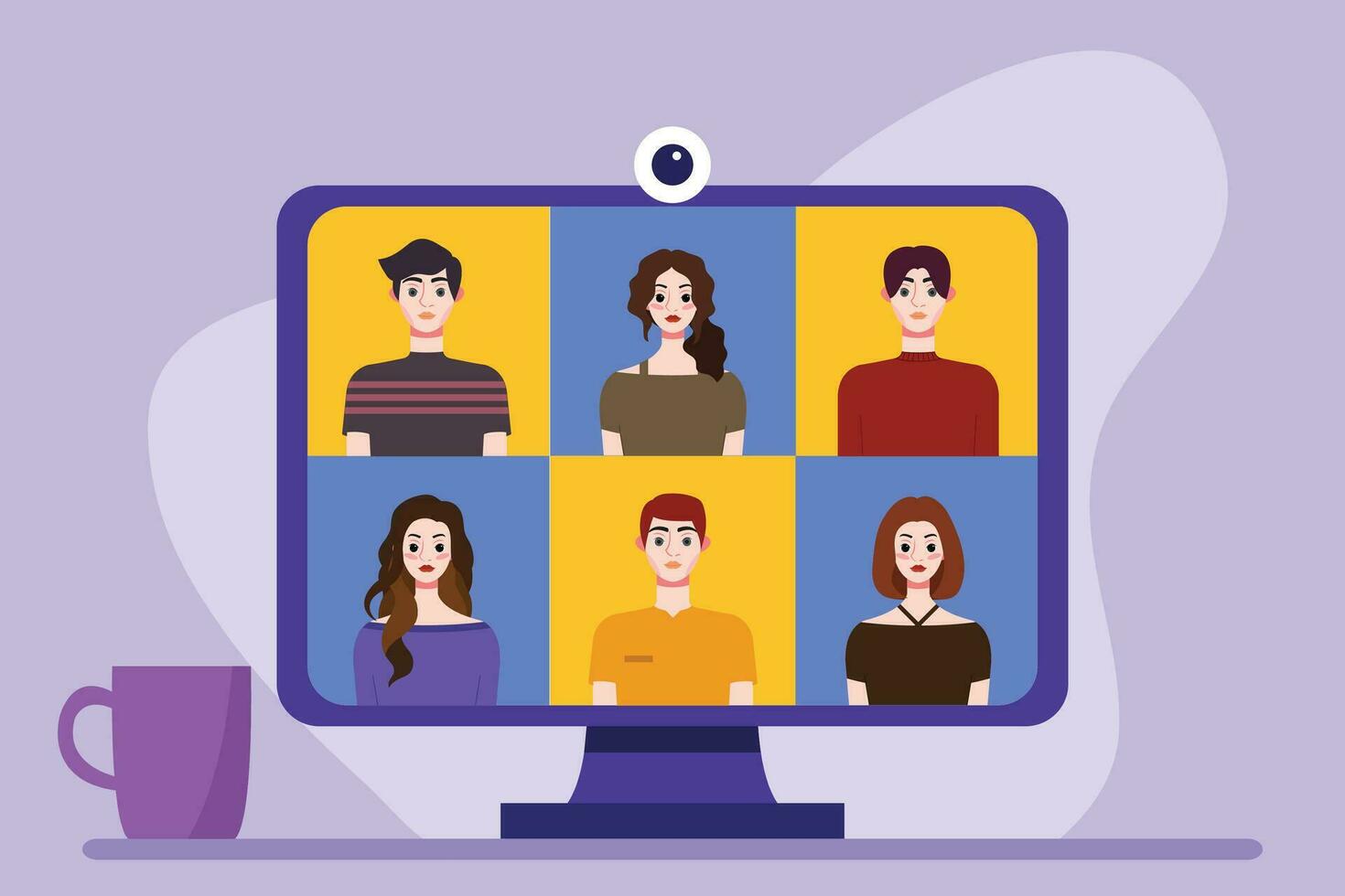 Video conference concept. People avatars on computer screen. Vector illustration