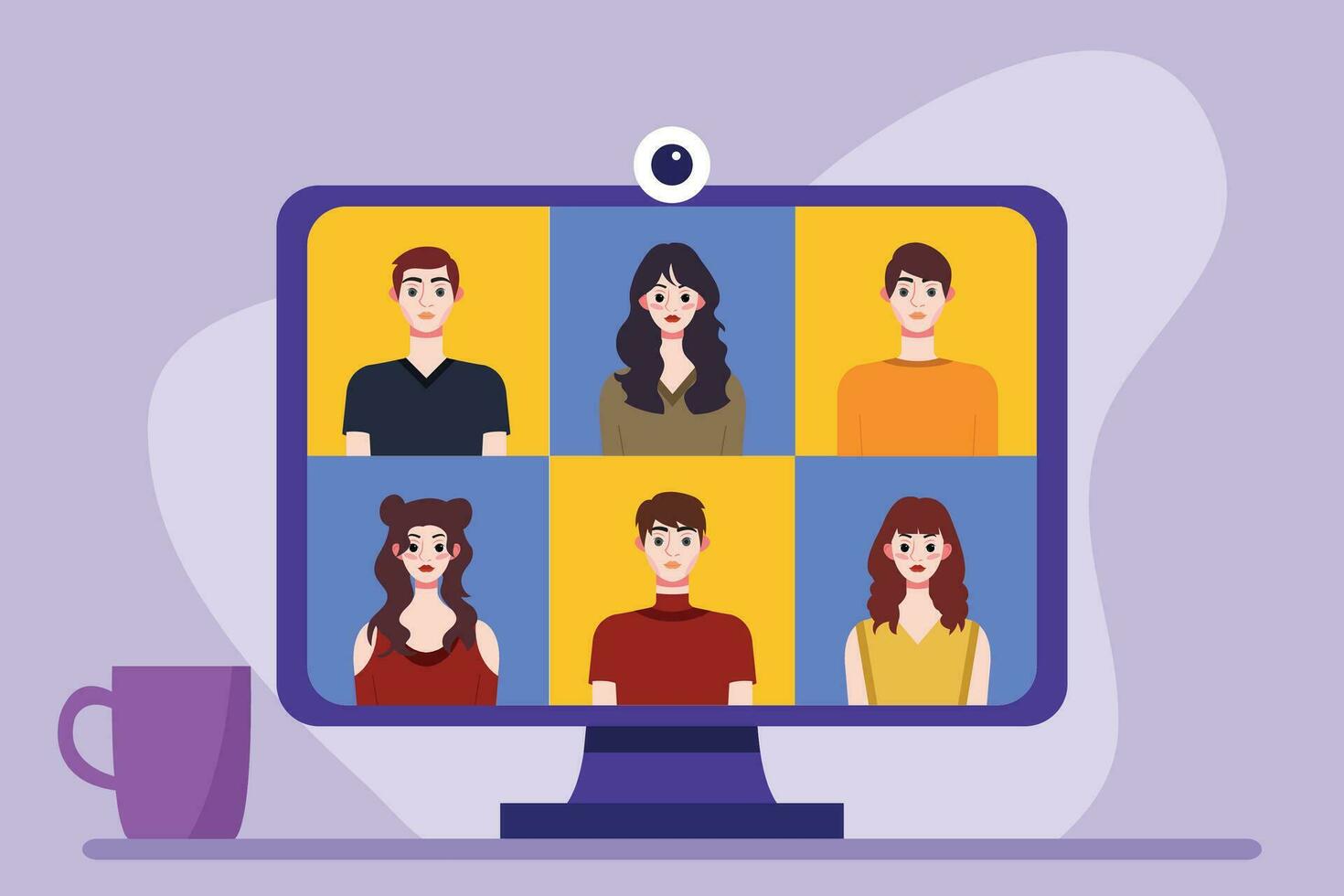 Video conference concept. People avatars on computer screen. Vector illustration