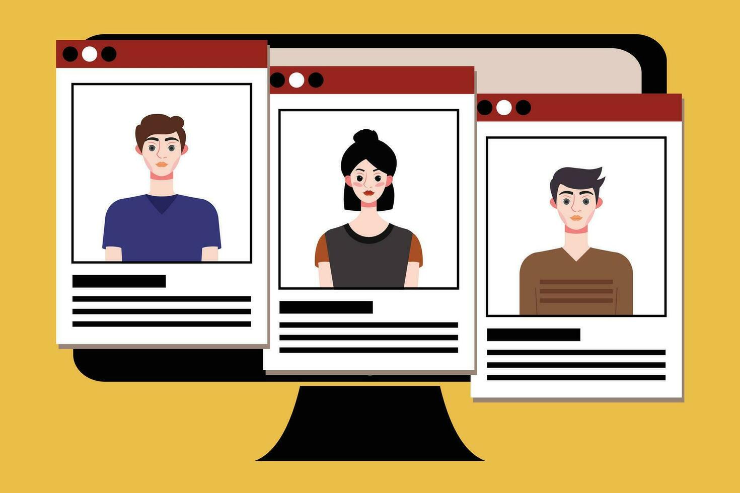 Group of young people on computer screen. Vector illustration in flat style.
