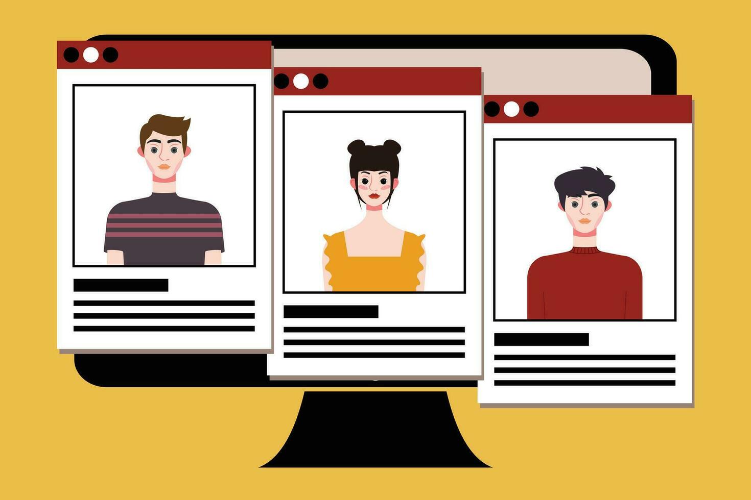 Group of young people on computer screen. Vector illustration in flat style.