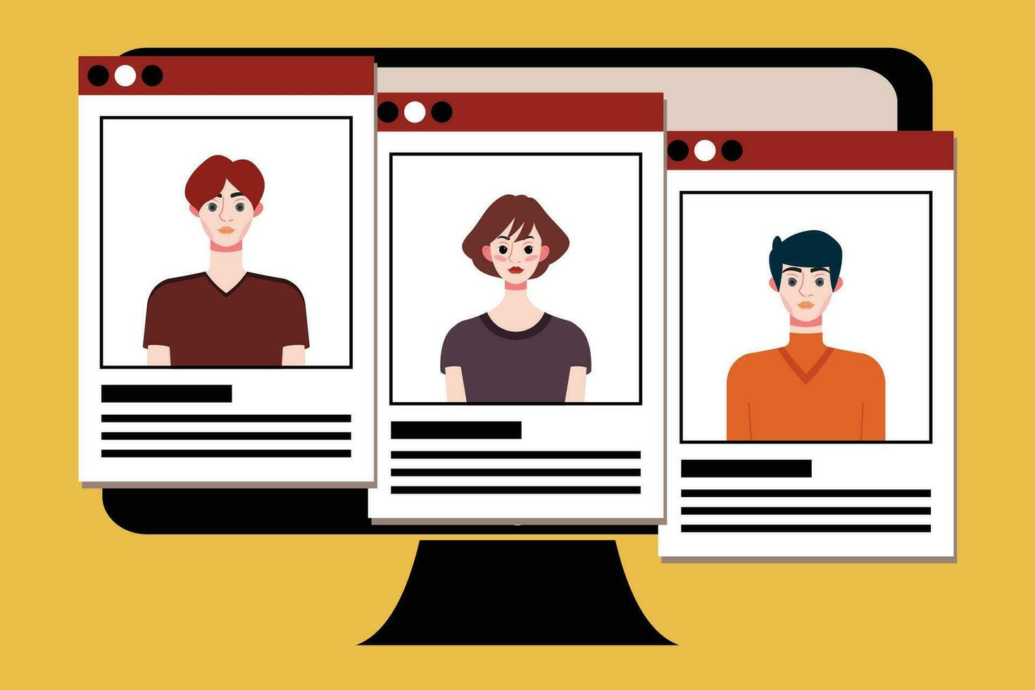 grupo de joven personas en computadora pantalla. vector ilustración en plano estilo.