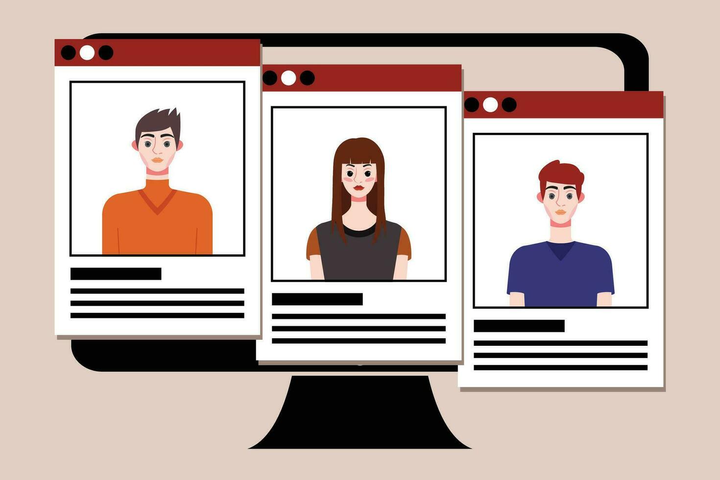 Group of young people on computer screen. Vector illustration in flat style.