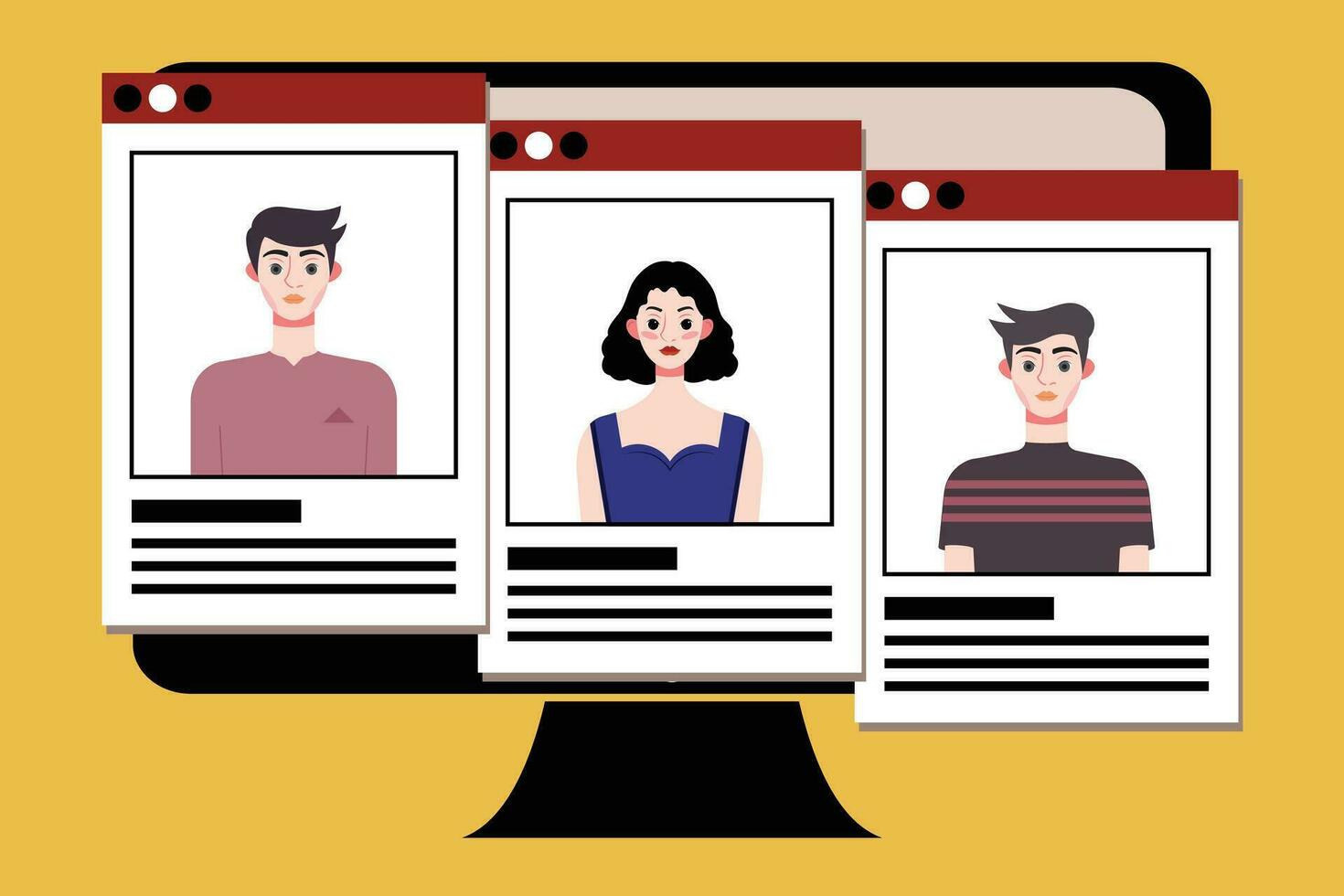 Group of young people on computer screen. Vector illustration in flat style.