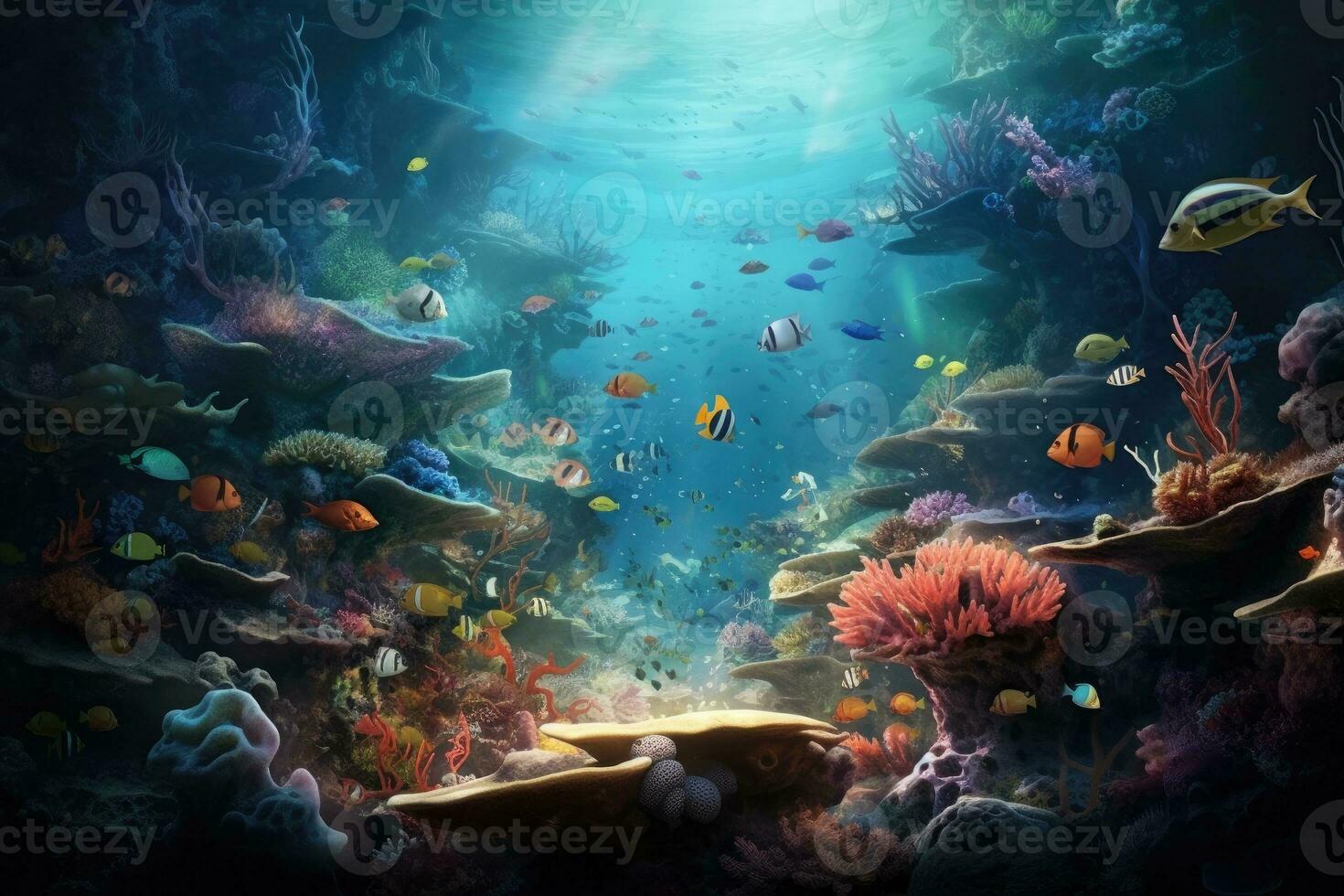 AI Generated Tropical sea underwater fishes on coral reef. Aquarium oceanarium wildlife colorful marine panorama landscape nature snorkel diving. AI Generative. photo