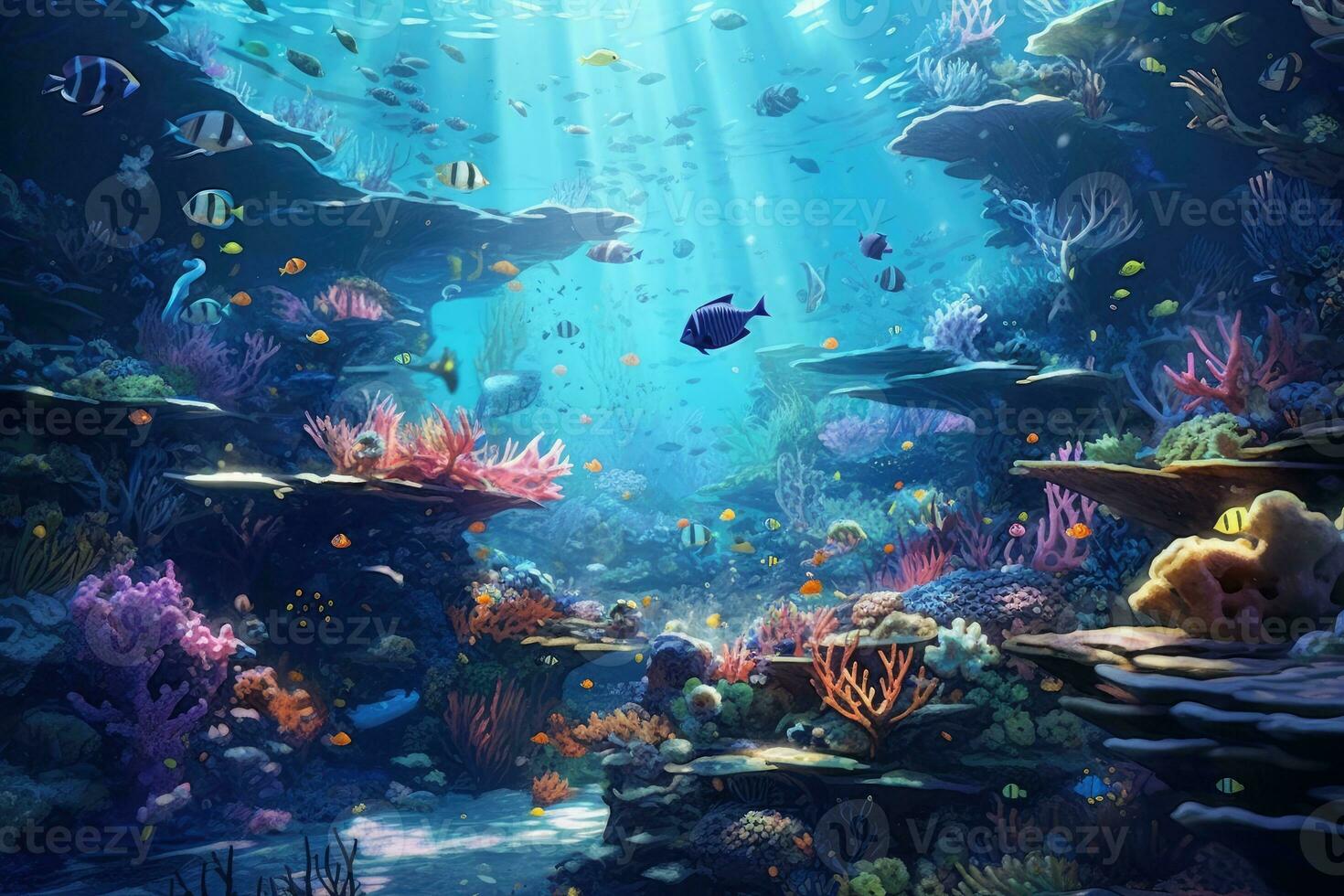 AI Generated Tropical sea underwater fishes on coral reef. Aquarium oceanarium wildlife colorful marine panorama landscape nature snorkel diving. AI Generative. photo