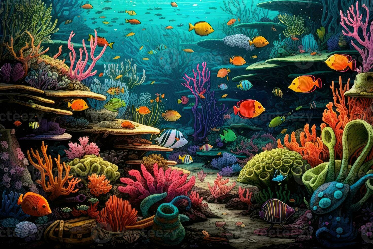 AI Generated Tropical sea underwater fishes on coral reef. Aquarium oceanarium wildlife colorful marine panorama landscape nature snorkel diving. AI Generative. photo