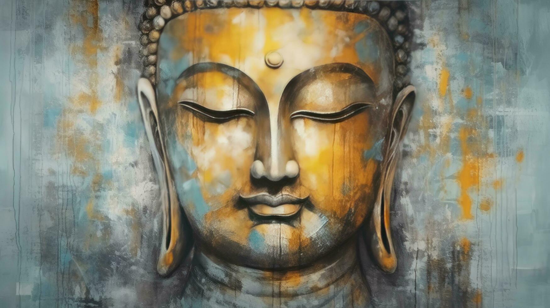 AI generated oil painting by hand of Buddha face with oil paint texture on canvas texture painting,meditation and art concept. photo