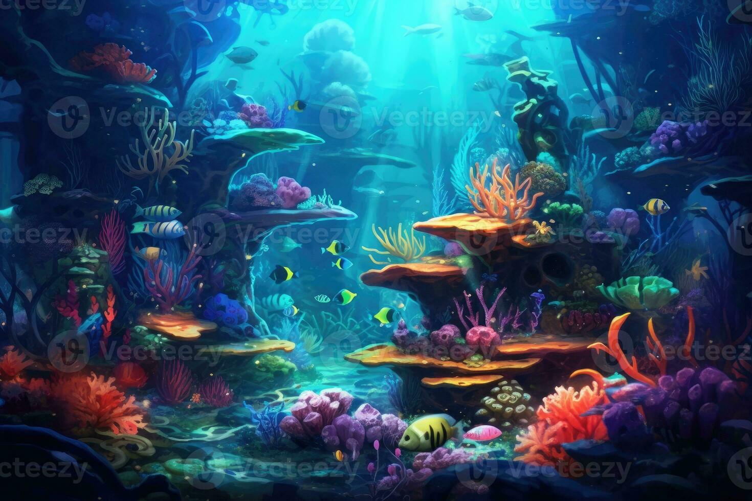 AI Generated Tropical sea underwater fishes on coral reef. Aquarium oceanarium wildlife colorful marine panorama landscape nature snorkel diving. AI Generative. photo