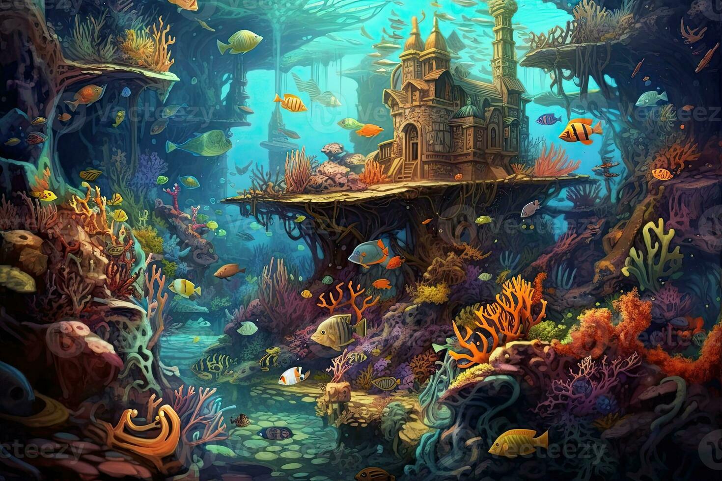 AI Generated Tropical sea underwater fishes on coral reef. Aquarium oceanarium wildlife colorful marine panorama landscape nature snorkel diving. AI Generative. photo