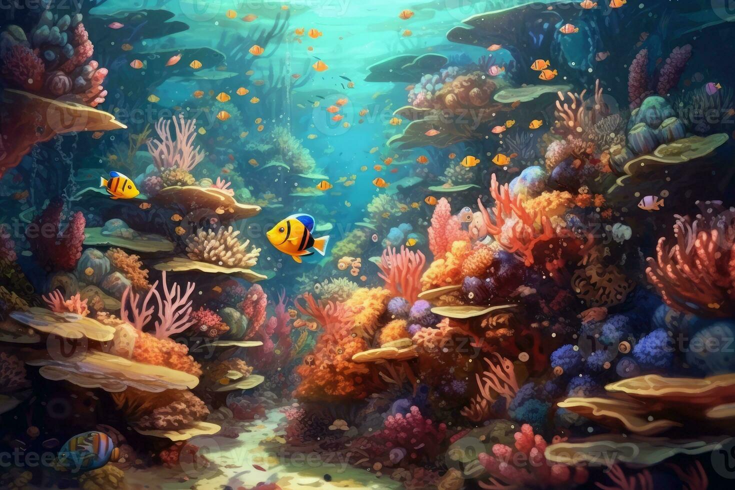 AI Generated Tropical sea underwater fishes on coral reef. Aquarium oceanarium wildlife colorful marine panorama landscape nature snorkel diving. AI Generative. photo