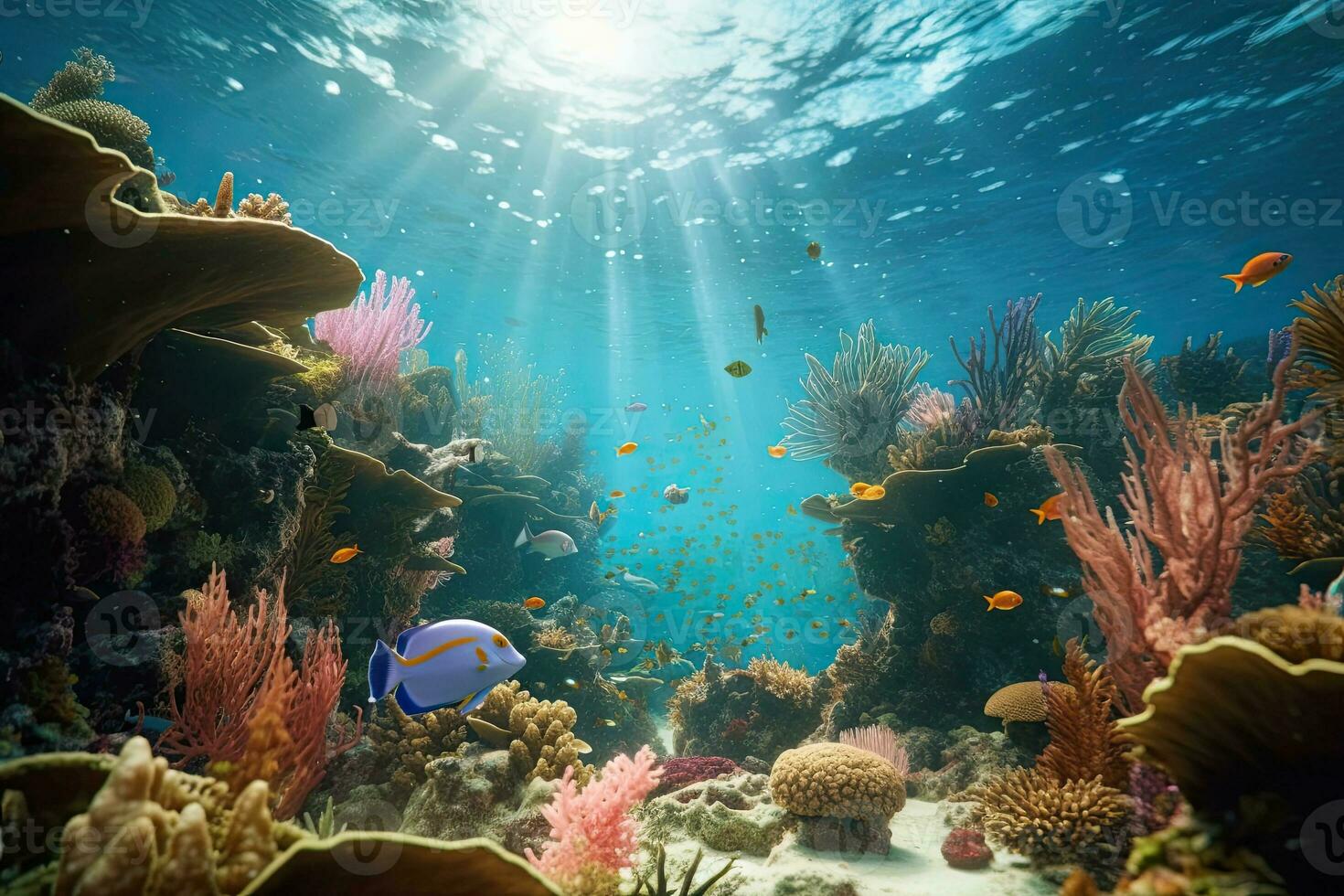 AI Generated Tropical sea underwater fishes on coral reef. Aquarium oceanarium wildlife colorful marine panorama landscape nature snorkel diving. AI Generative. photo