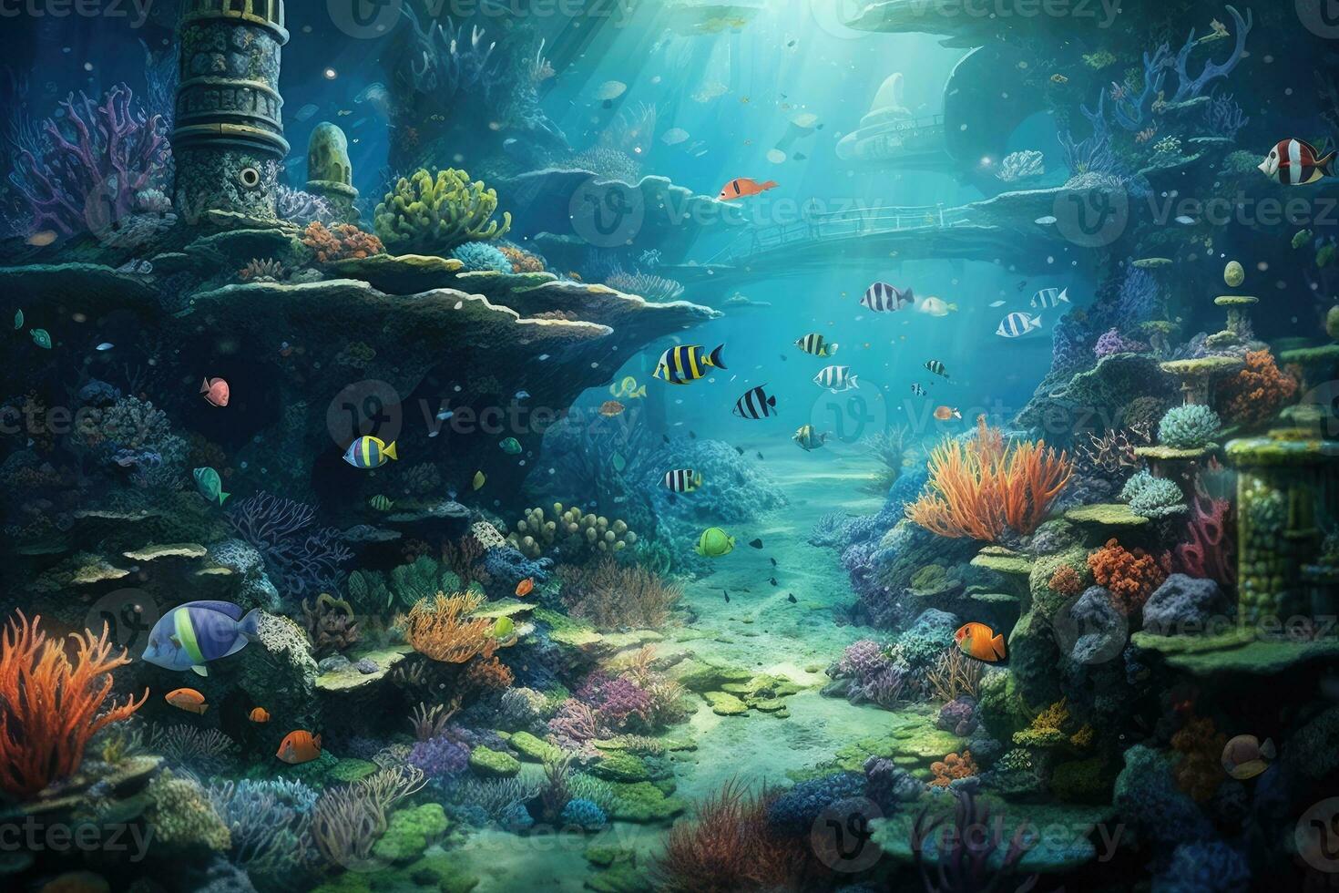 AI Generated Tropical sea underwater fishes on coral reef. Aquarium oceanarium wildlife colorful marine panorama landscape nature snorkel diving. AI Generative. photo