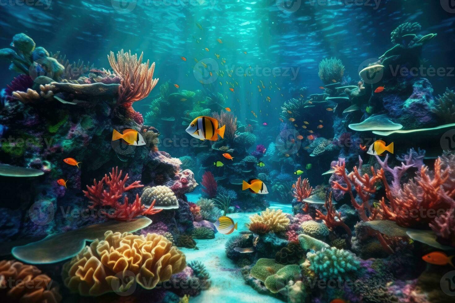 AI Generated Tropical sea underwater fishes on coral reef. Aquarium oceanarium wildlife colorful marine panorama landscape nature snorkel diving. AI Generative. photo