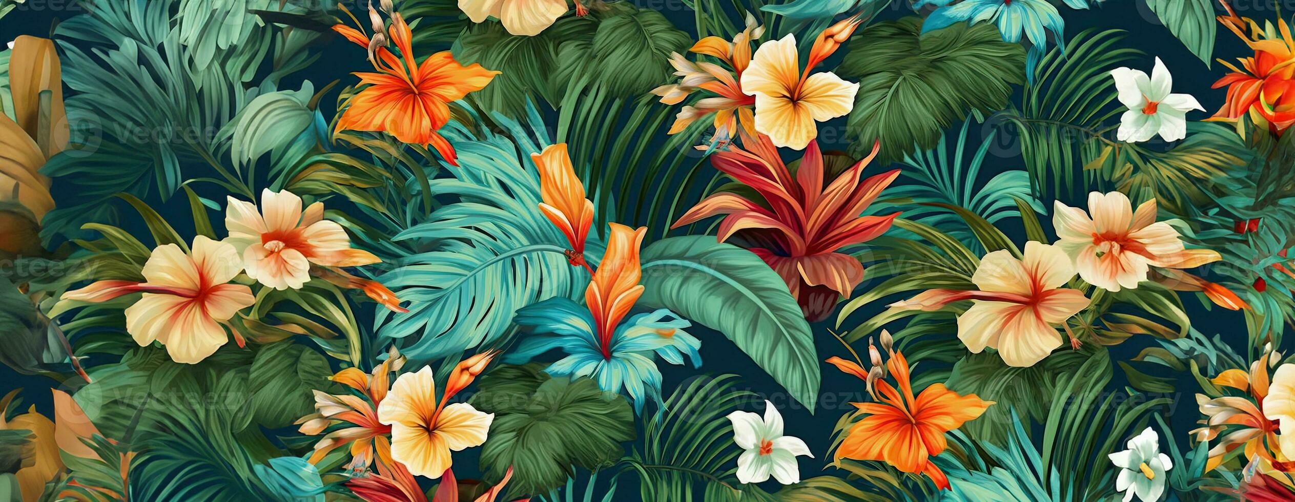 AI Generated Tropical exotic pattern with animal and flowers in bright colors and lush vegetation. Ai Generative. photo