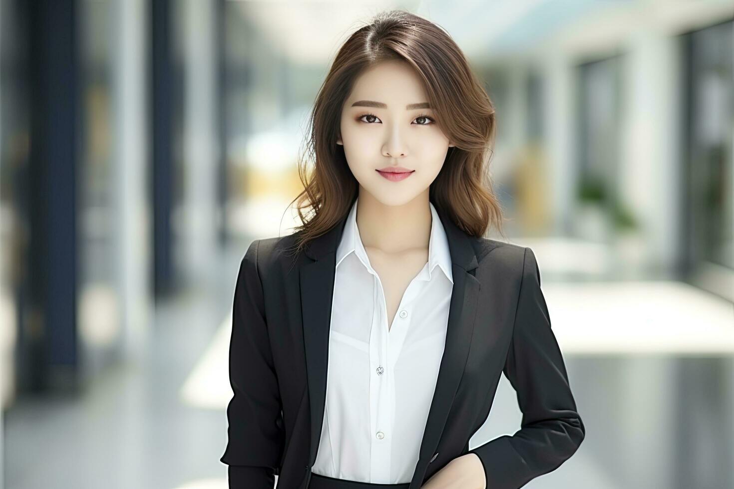 AI generated Korean girl in a black blazer and a white shirt standing against a office photo