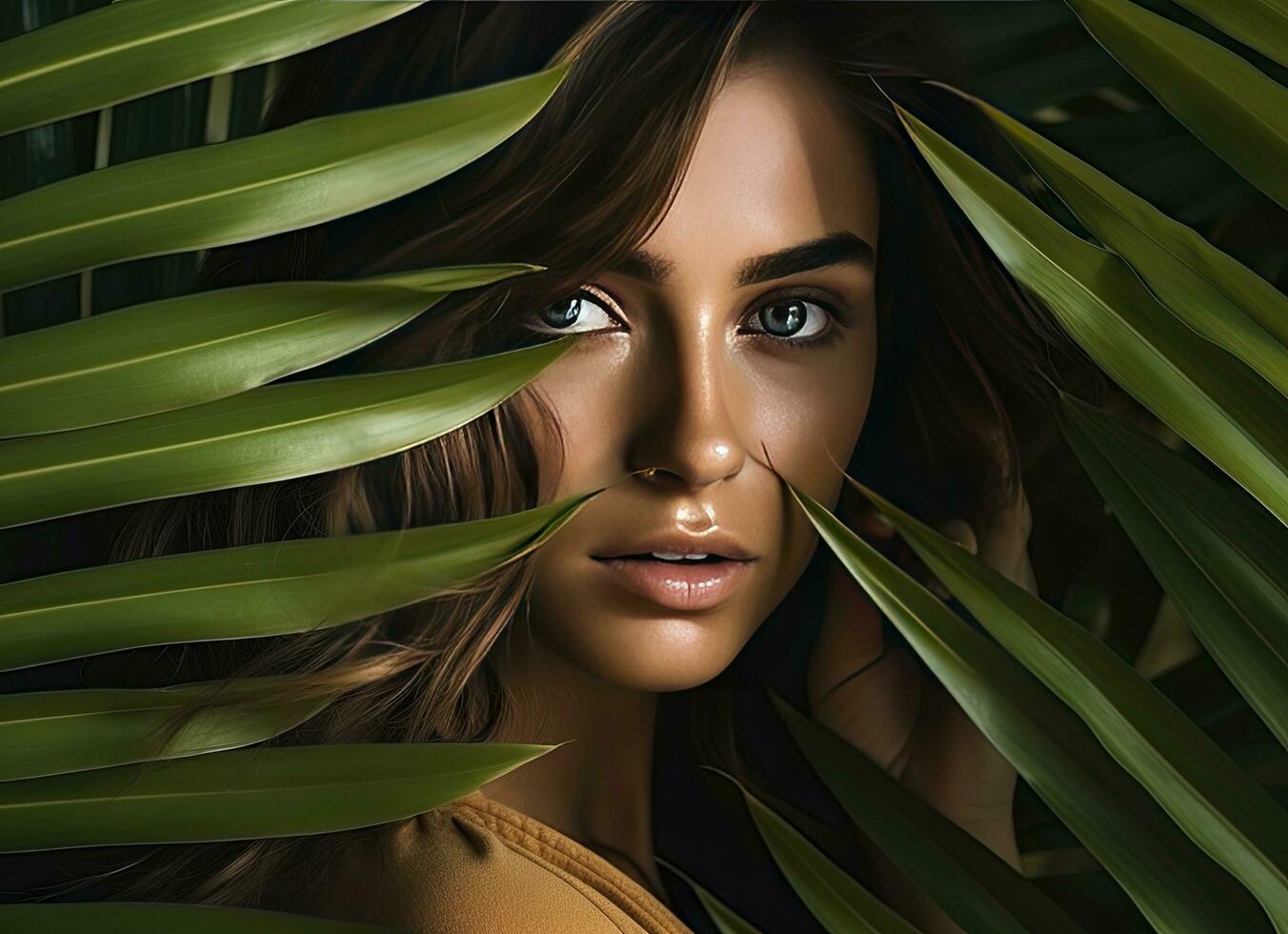 AI generated Portrait of a beautiful young woman with natural makeup hiding face behind green leave photo