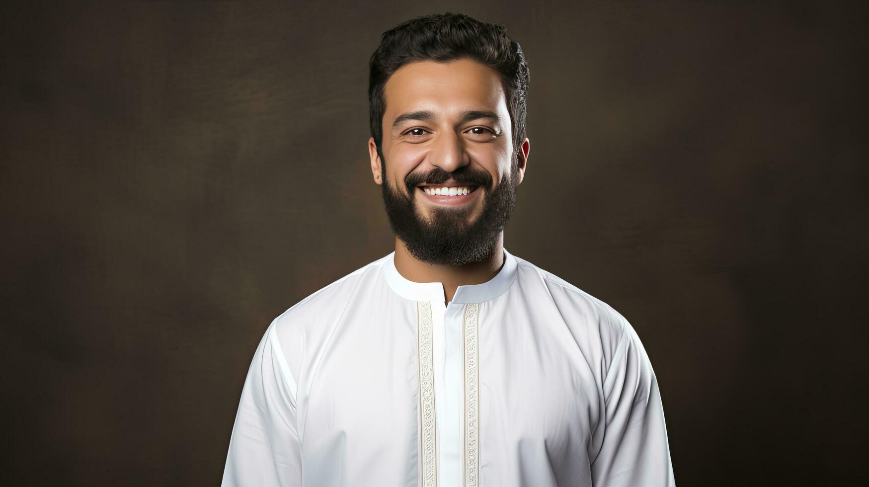 AI generated Muslim man with a beard and white shirt against a dark background photo