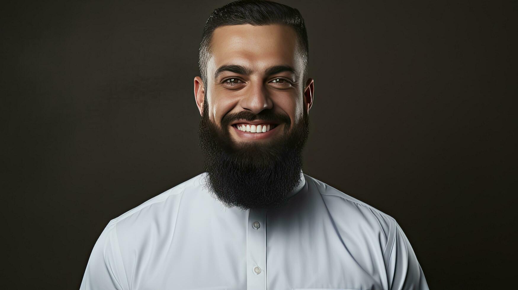 AI generated Muslim man with a beard and white shirt against a dark background photo