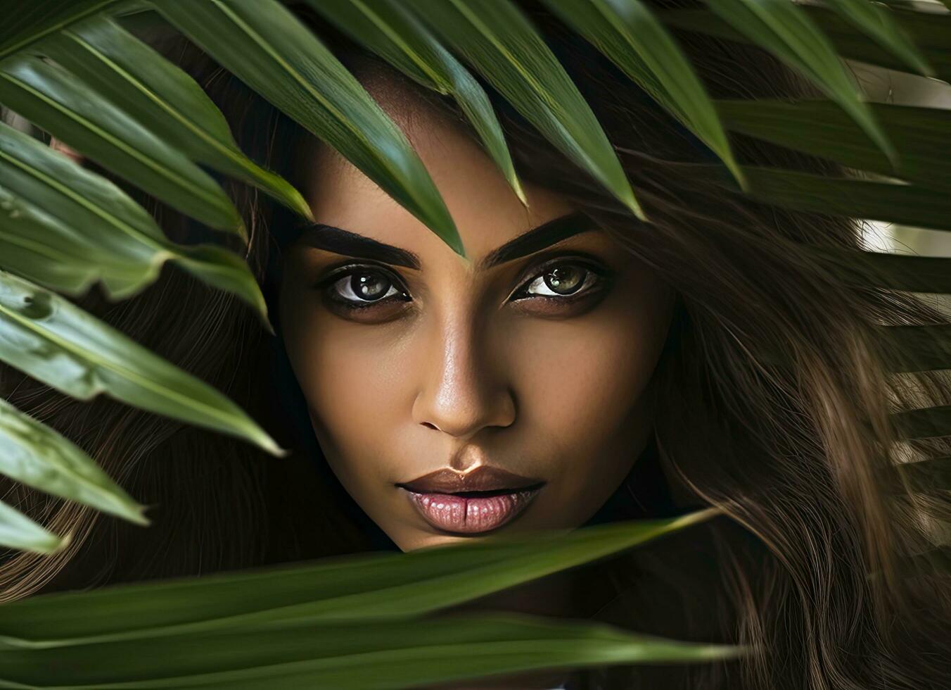 AI generated Portrait of a beautiful young woman with natural makeup hiding face behind green leave photo