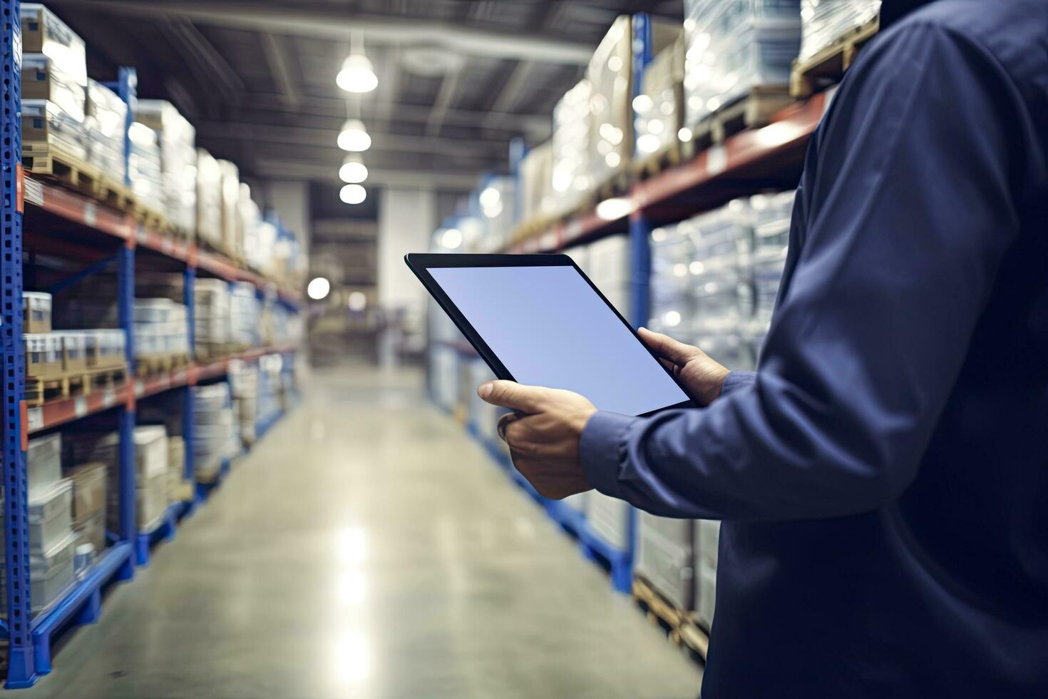 AI generated Man using digital tablet while walking in grocery shop photo