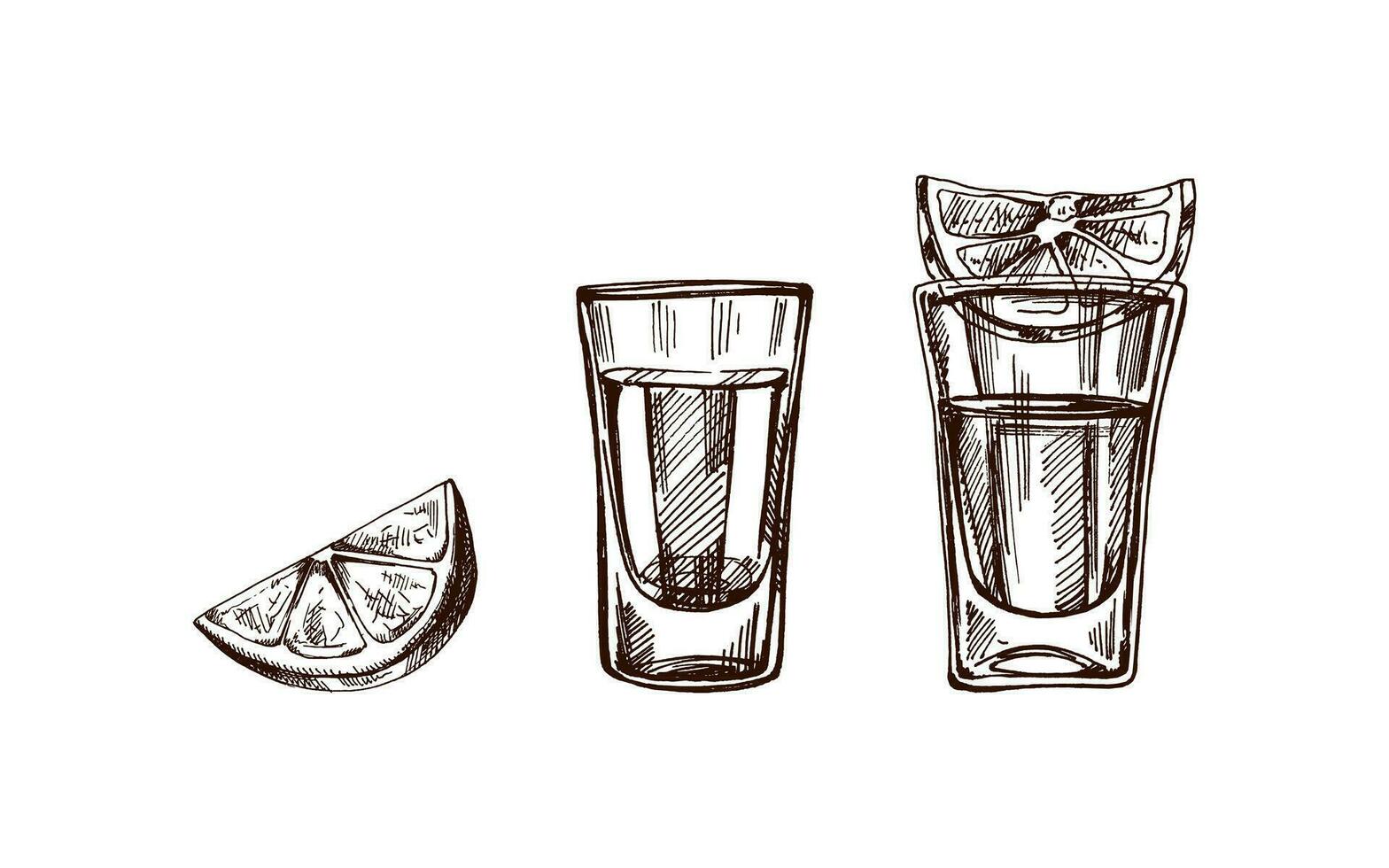Hand-drawn shot glasses with tequila with a slices of lime. Design element set for the menu of bars and restaurants, alcohol stores. Vector sketches in engraving style. Mexican, Latin America.