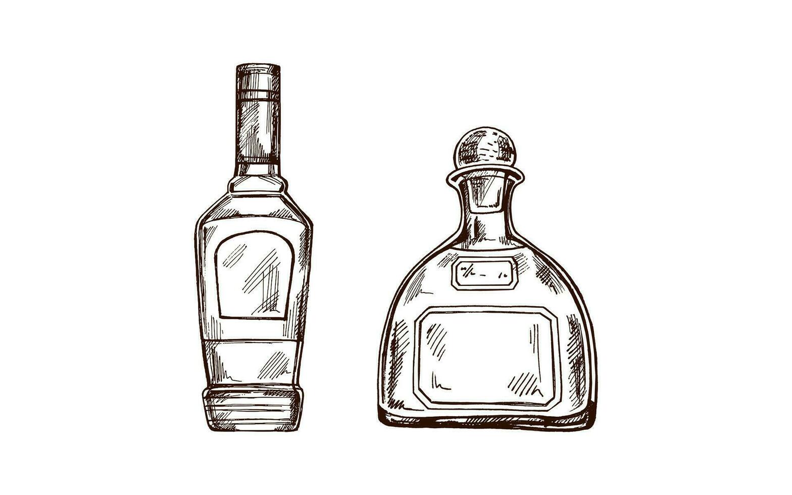 Hand-drawn bottles of tequila. Design elements set for the menu of bars and restaurants. Vector sketch illustration in engraving style. Mexican, Latin America.