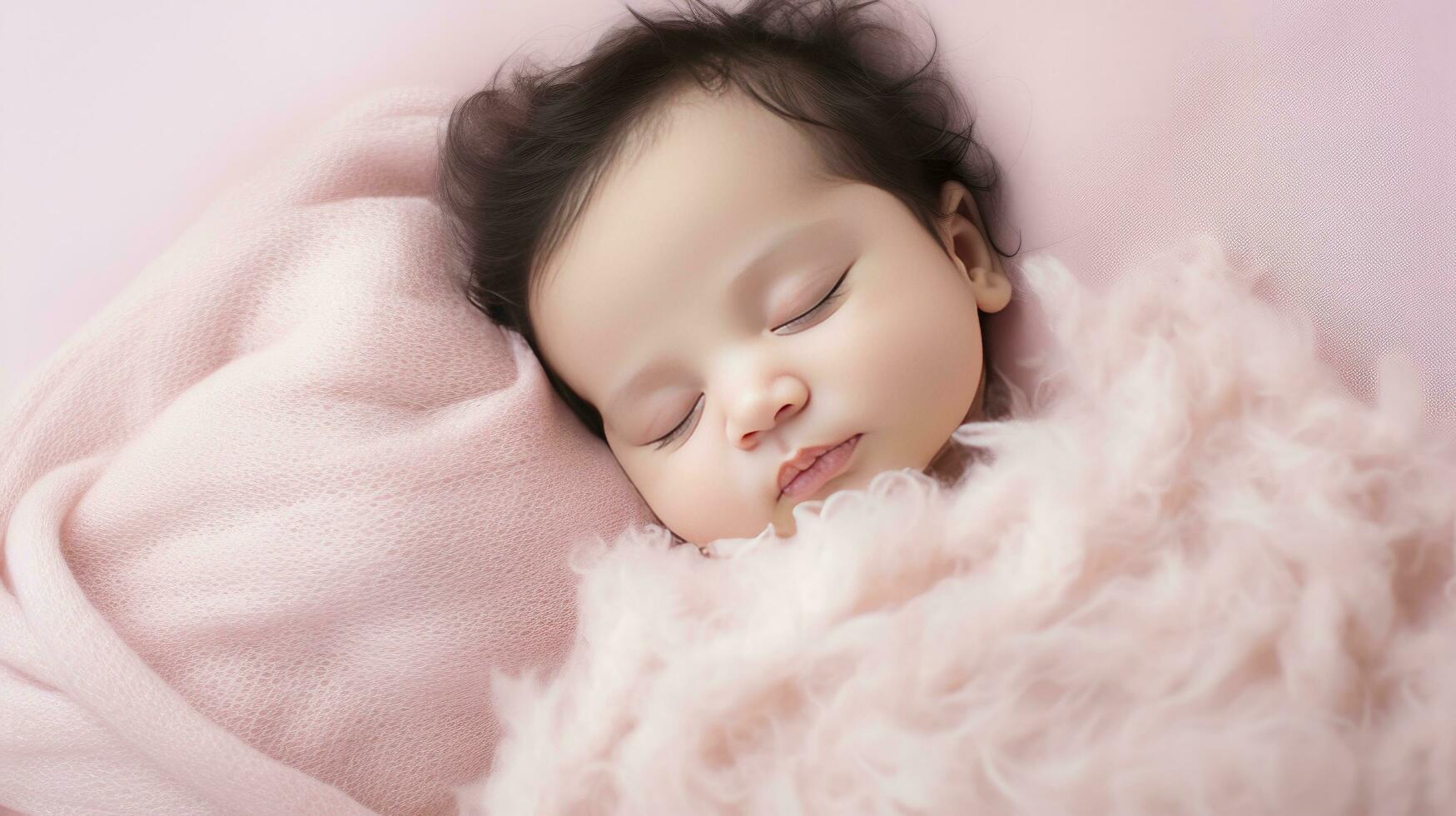 AI generated Sleeping newborn baby in a wrap on pink blanket photo