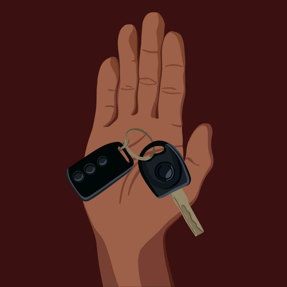 Car key on the palm of a person. vector