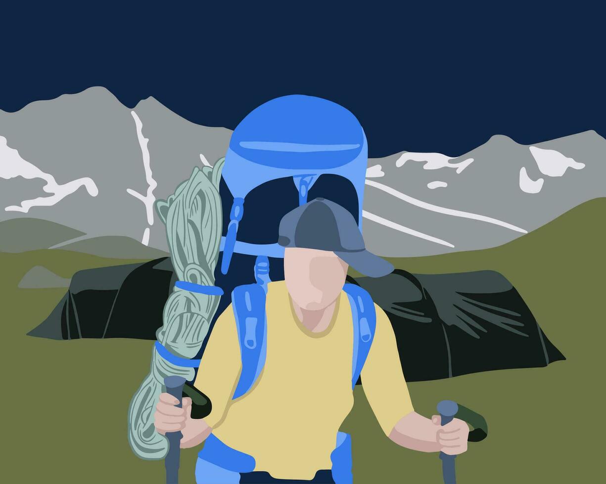 Vector isolated illustration of a hiker with a backpack in the mountains. Camping in the mountains.