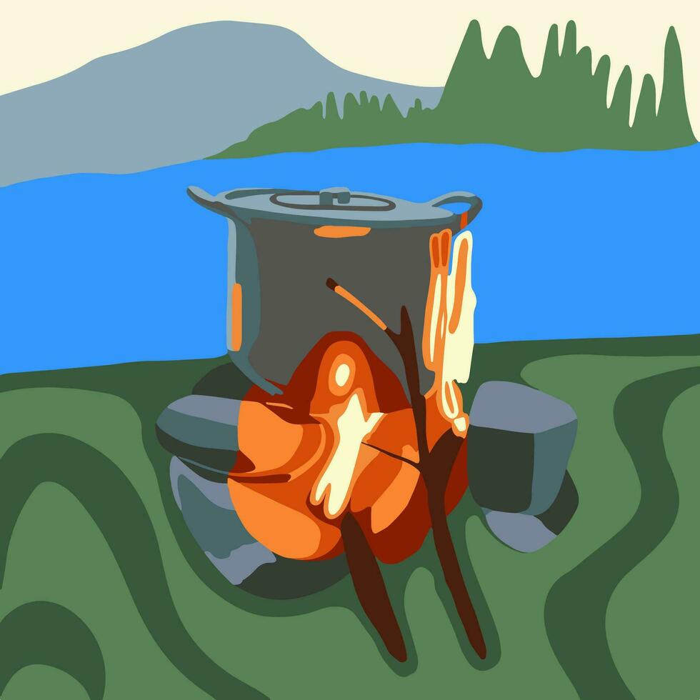 Cooking food on a campfire while camping. vector